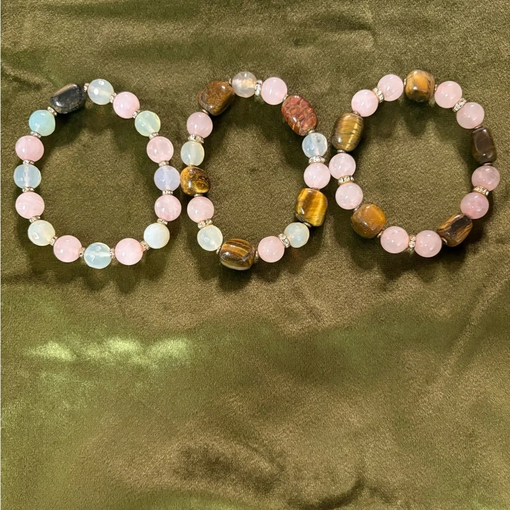 3 Handcrafted Multi-Gemstone Stretch Bracelets - Multicolor‎